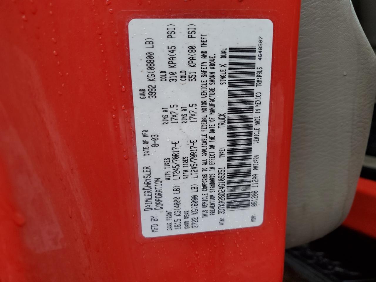 2004 Dodge RAM VIN 3D7KA28D24G109351 Copart auction photo, front end damage thumbnail 12