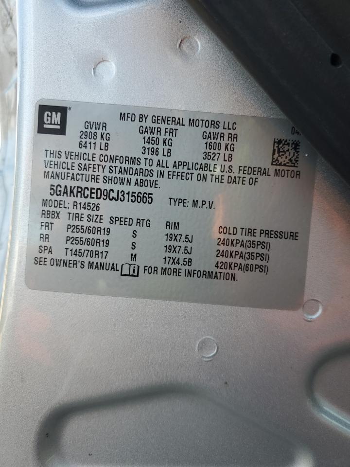 2012 Buick Enclave VIN 5GAKRCED9CJ315665 Copart auction photo, front end / side damage thumbnail 14