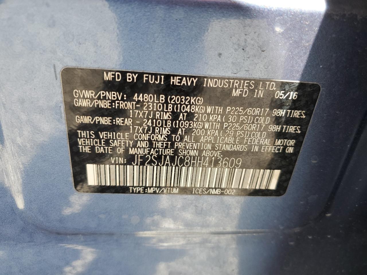 2017 Subaru Forester VIN JF2SJAJC8HH413609 Copart auction photo, side / minor dent/scratches damage thumbnail 13