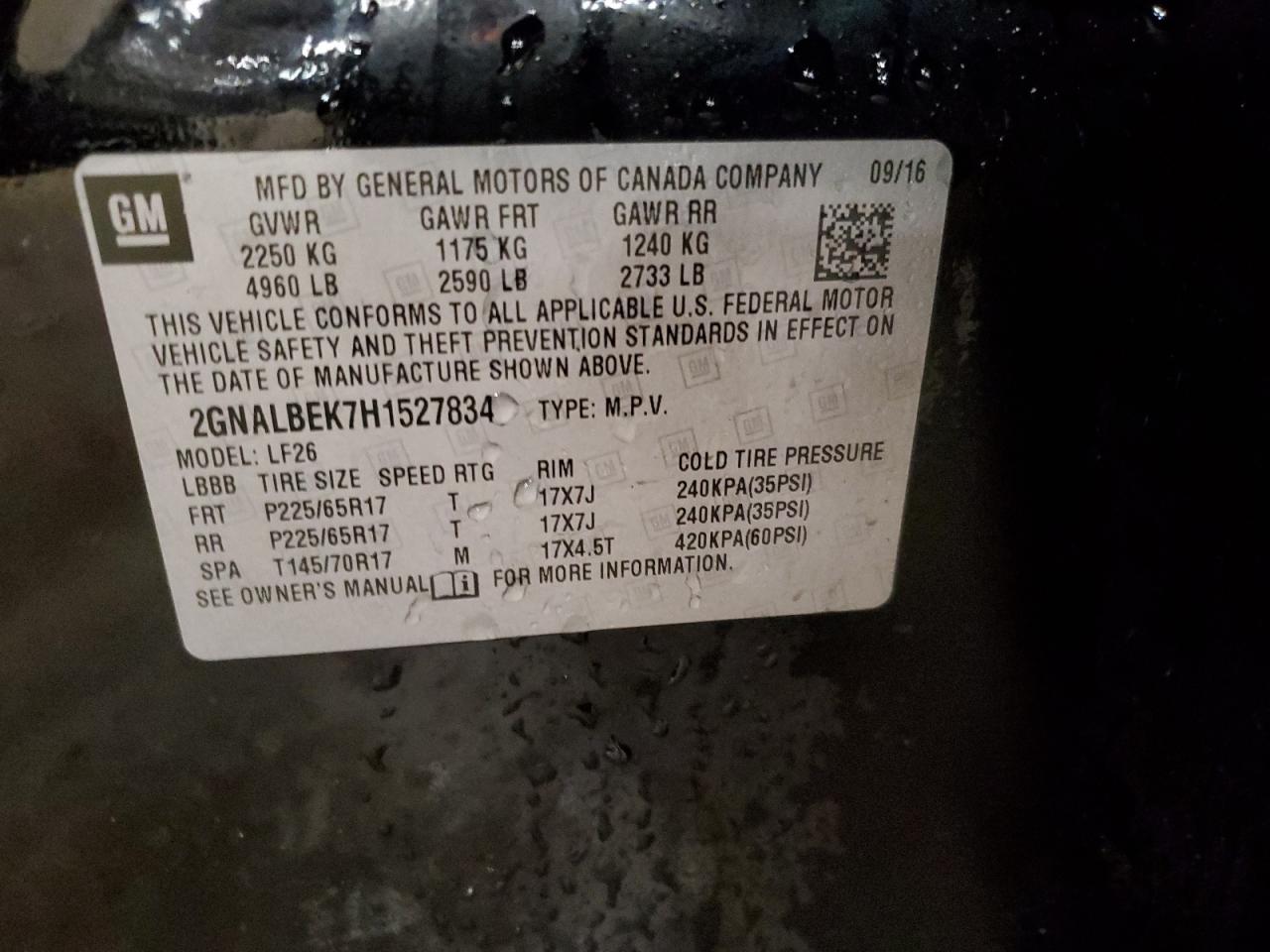 2017 Chevrolet Equinox VIN 2GNALBEK7H1527834 Copart auction photo, side / front end damage thumbnail 13