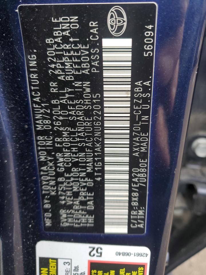 2022 Toyota Camry VIN 4T1G11AK2NU622015 Copart auction photo, stripped / minor dent/scratches damage thumbnail 14