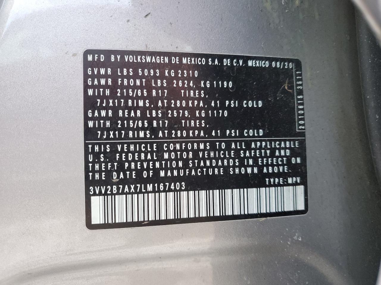 2020 Volkswagen Tiguan VIN 3VV2B7AX7LM167403 Copart auction photo, front end / minor dent/scratches damage thumbnail 13