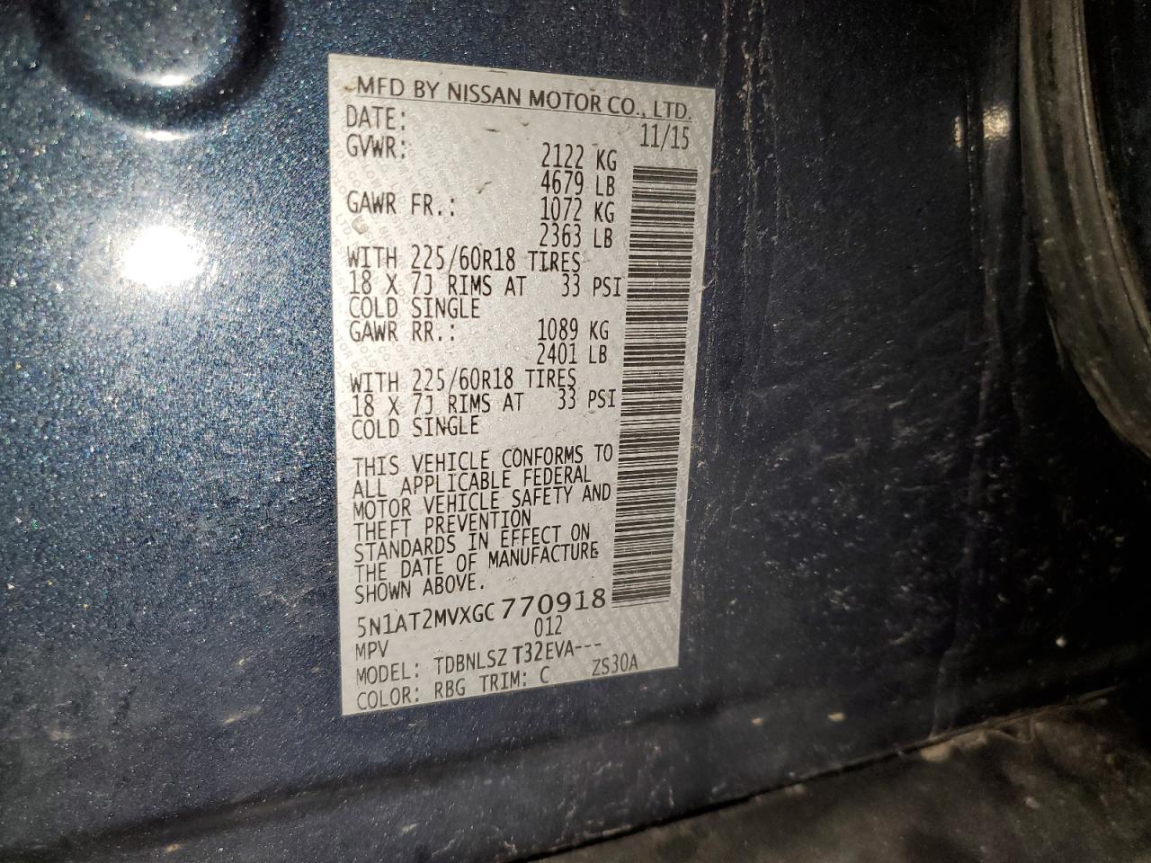 2016 Nissan Rogue VIN 5N1AT2MVXGC770918 Copart auction photo, rear end damage thumbnail 14