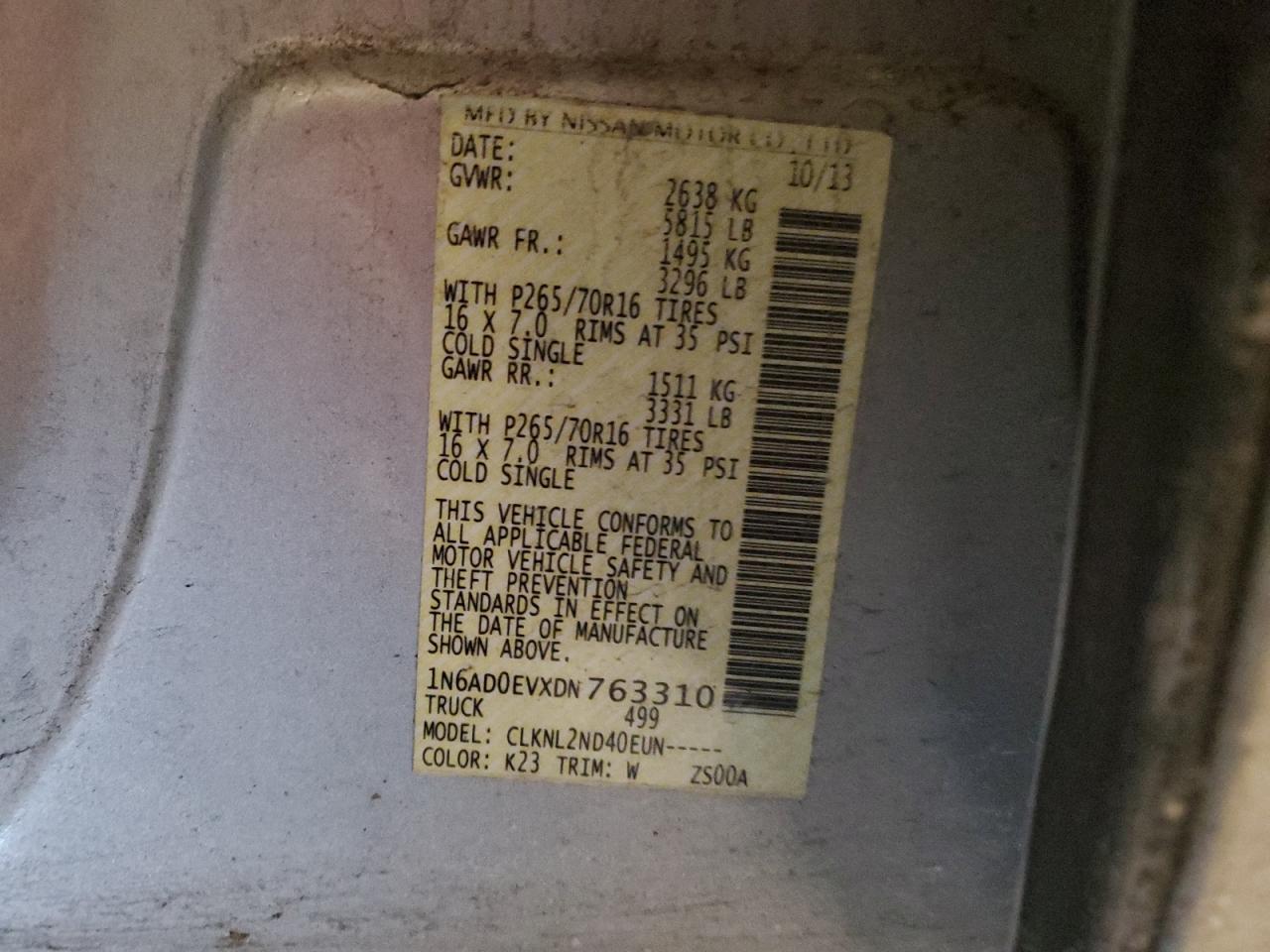 2013 Nissan Navara (Frontier) VIN 1N6AD0EVXDN763310 Copart auction photo, front end damage thumbnail 14