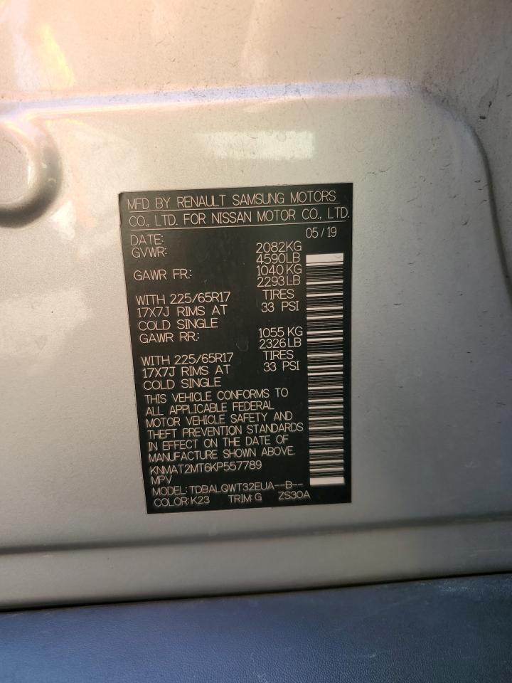2019 Nissan Rogue VIN KNMAT2MT6KP557789 Copart auction photo, front end / side damage thumbnail 14