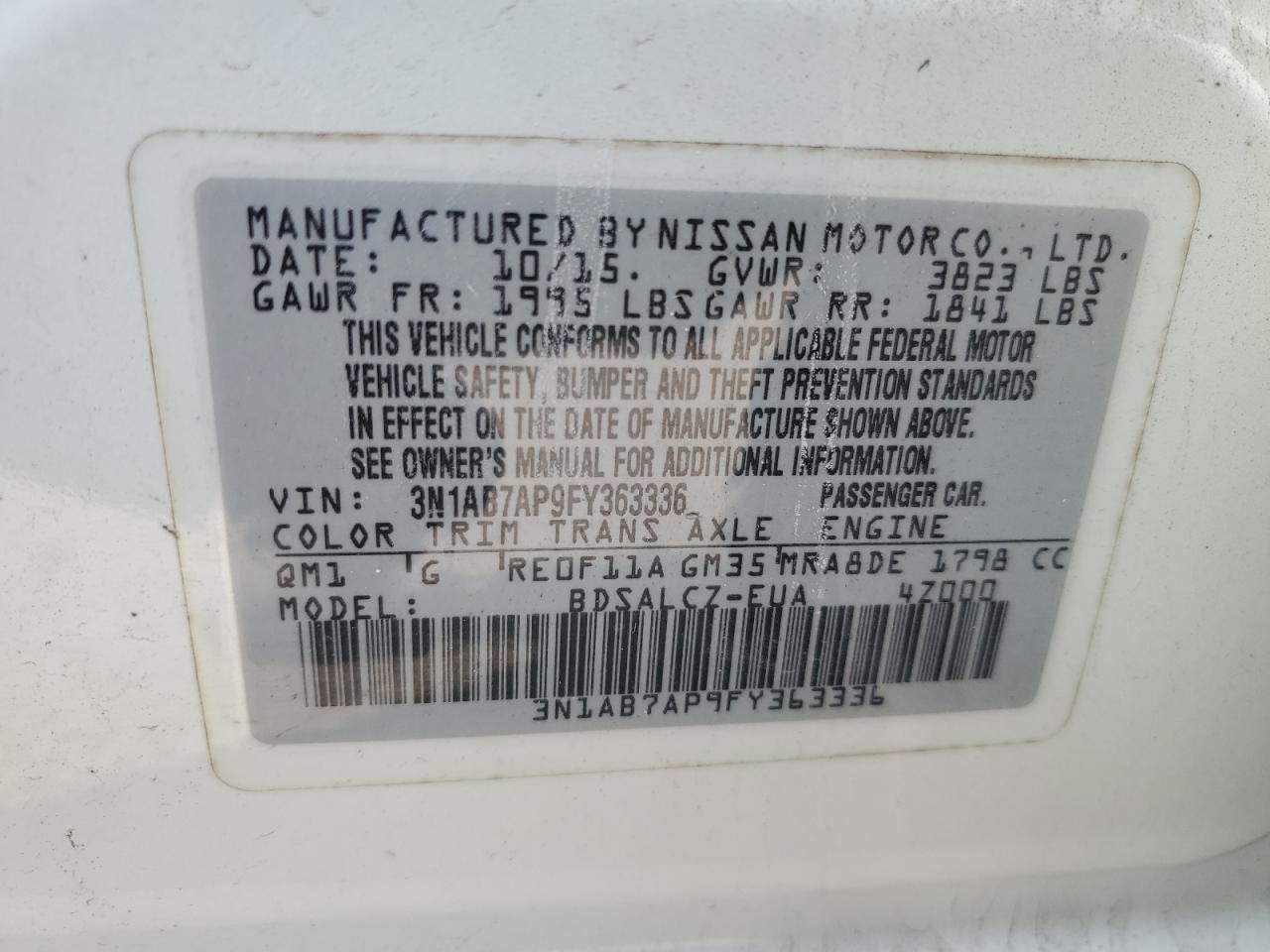 2015 Nissan Sentra VIN 3N1AB7AP9FY363336 Copart auction photo, front end damage thumbnail 14