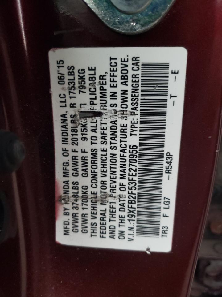 2015 Honda Civic VIN 19XFB2F53FE270956 Copart auction photo, all over damage thumbnail 13