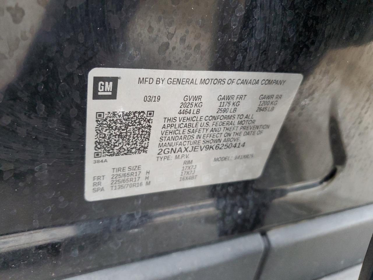 2019 Chevrolet Equinox VIN 2GNAXJEV9K6250414 Copart auction photo, front end / side damage thumbnail 15