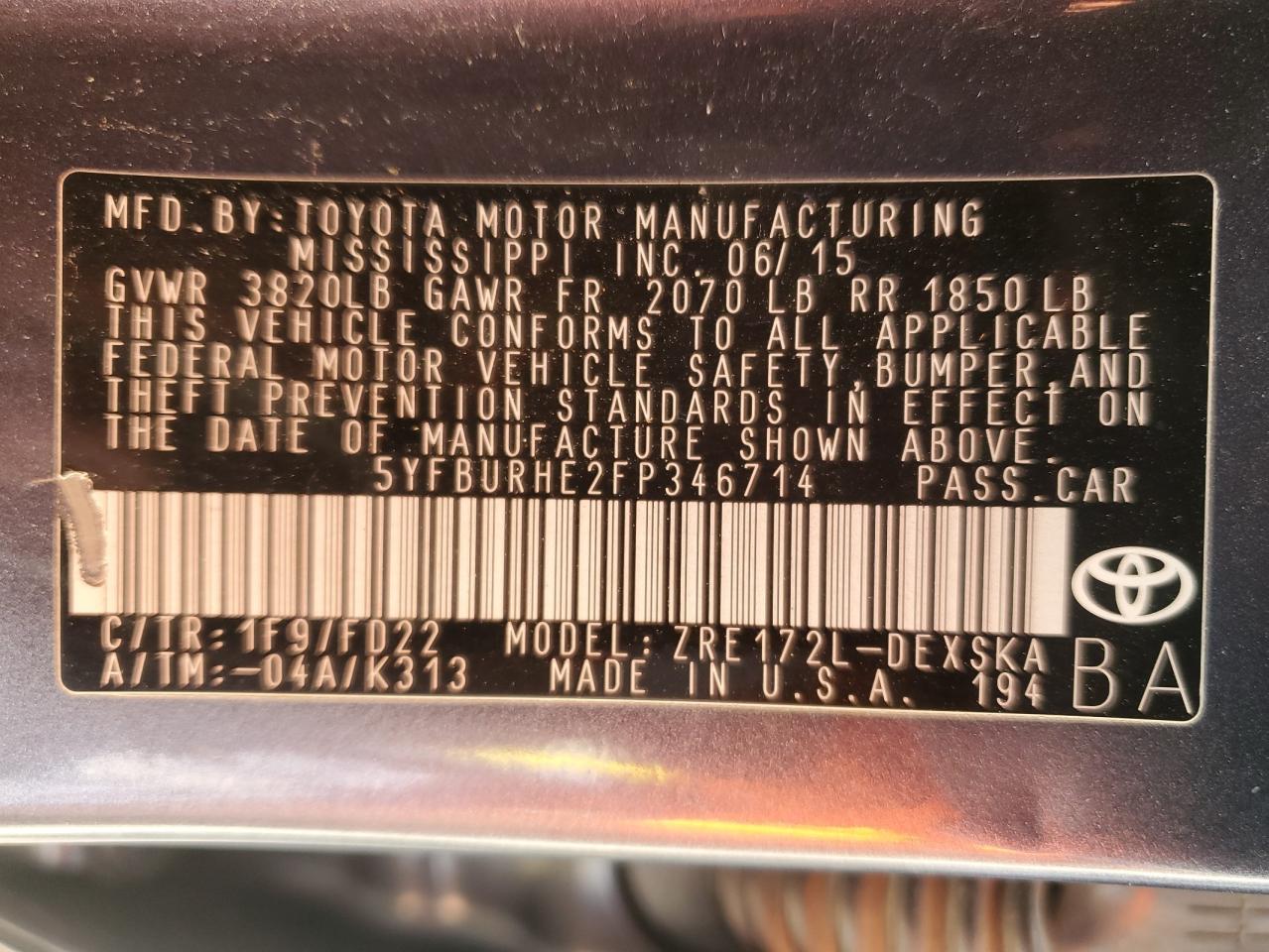 2015 Toyota Corolla VIN 5YFBURHE2FP346714 Copart auction photo, side / minor dent/scratches damage thumbnail 12
