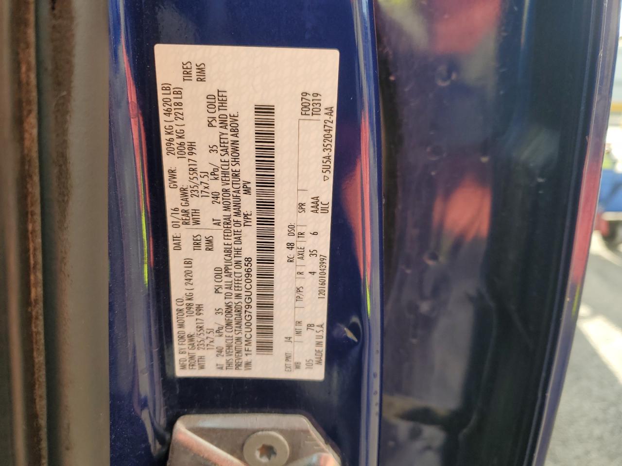 2016 Ford Escape VIN 1FMCU0G79GUC09658 Copart auction photo, front end damage thumbnail 15