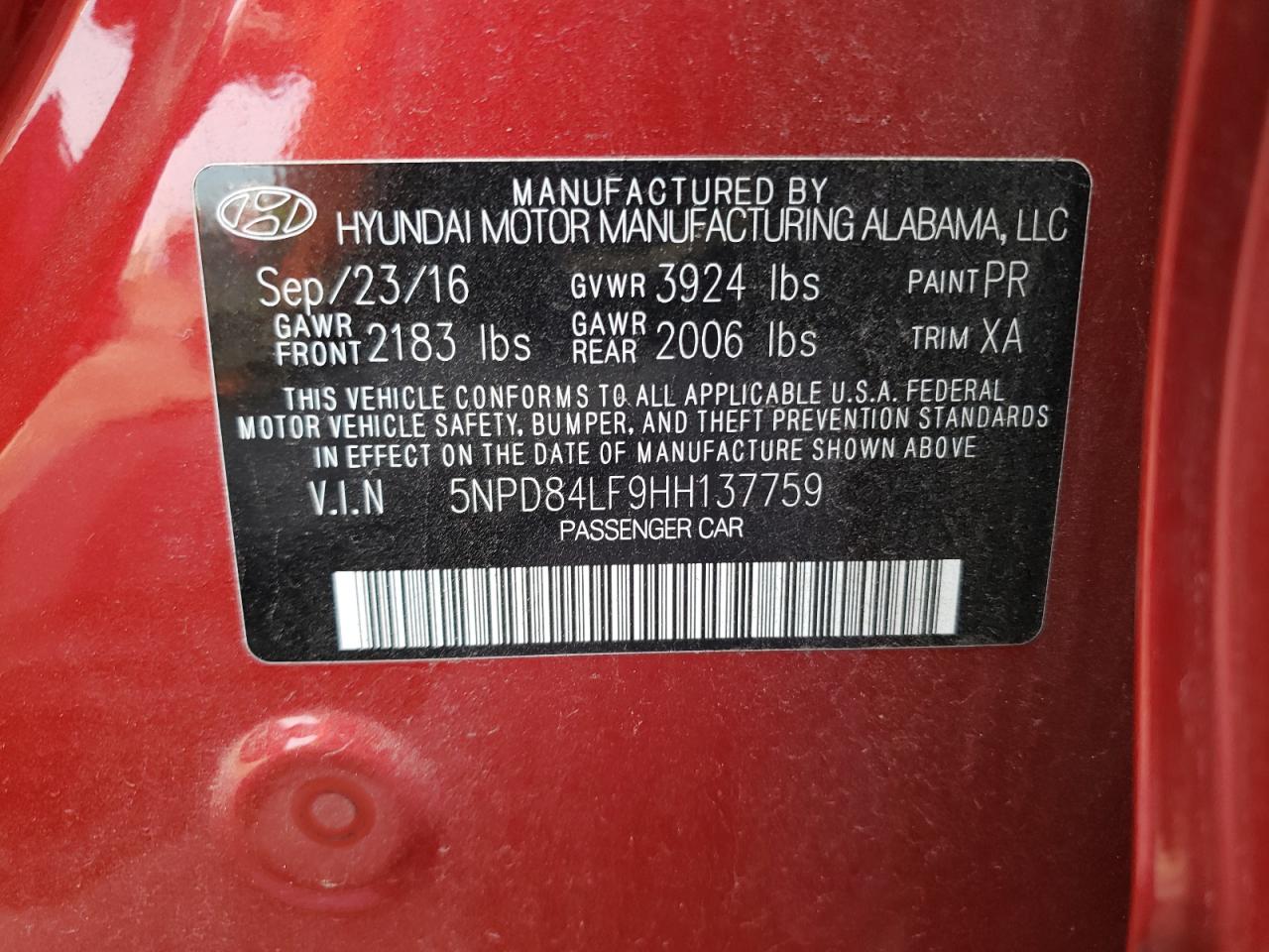 2017 Hyundai Elantra VIN 5NPD84LF9HH137759 Copart auction photo, vandalism damage thumbnail 14