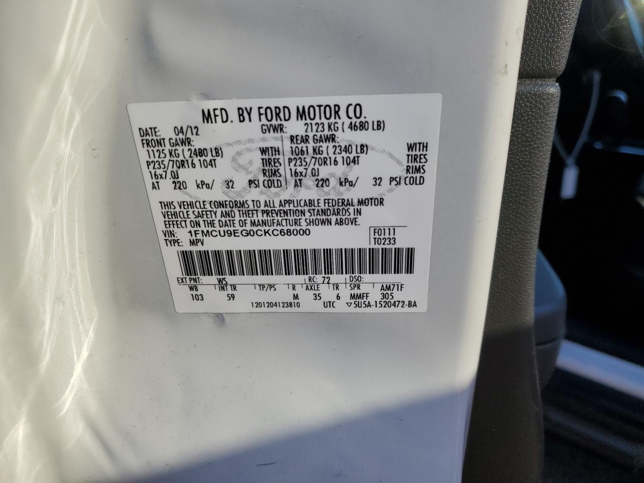 2012 Ford Escape VIN 1FMCU9EG0CKC68000 Copart auction photo, front end damage thumbnail 13
