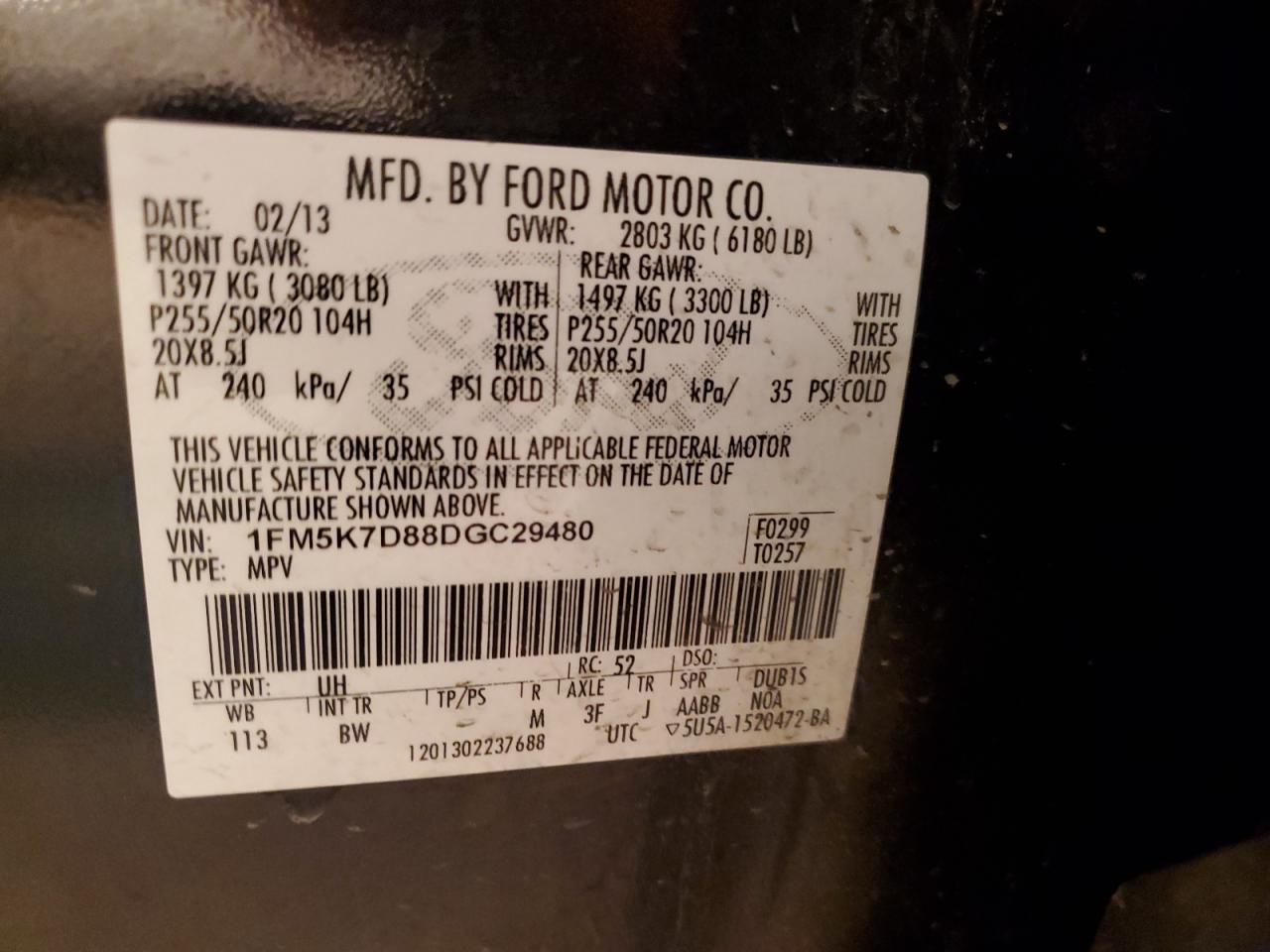 2013 Ford Explorer VIN 1FM5K7D88DGC29480 Copart auction photo, front end / hail damage thumbnail 14
