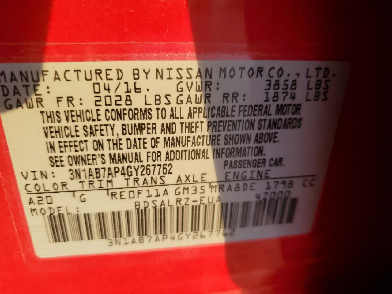 2016 Nissan Sentra VIN 3N1AB7AP4GY267762 Copart auction photo, front end / minor dent/scratches damage thumbnail 12