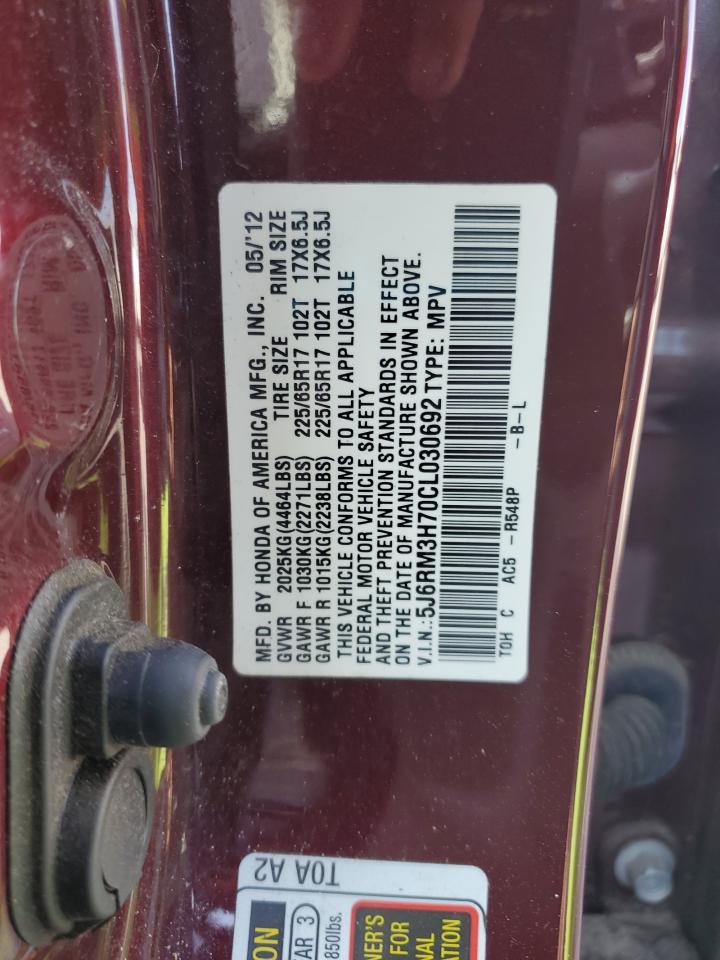 2012 Honda CR-V VIN 5J6RM3H70CL030692 Copart auction photo, rear end / side damage thumbnail 13