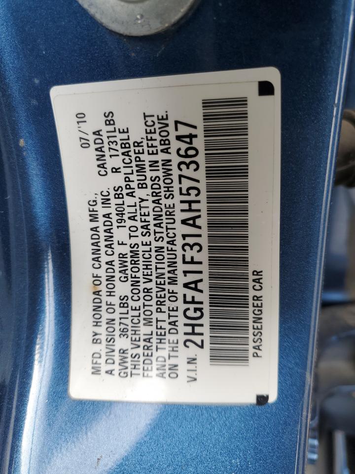 2010 Honda Civic VIN 2HGFA1F31AH573647 Copart auction photo, rollover damage thumbnail 12
