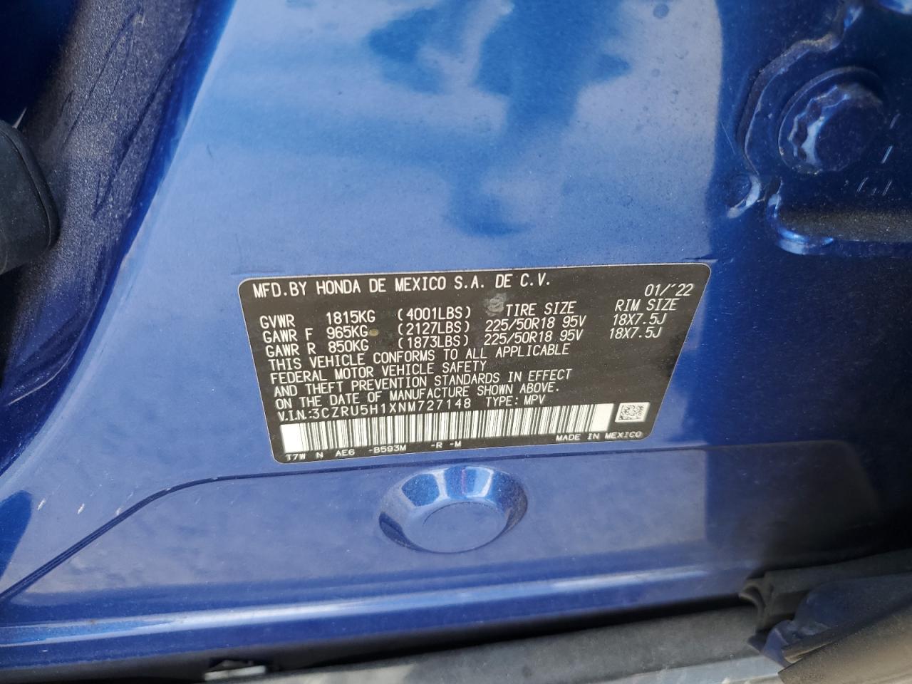 2022 Honda HR-V VIN 3CZRU5H1XNM727148 Copart auction photo, front end / rear end damage thumbnail 14