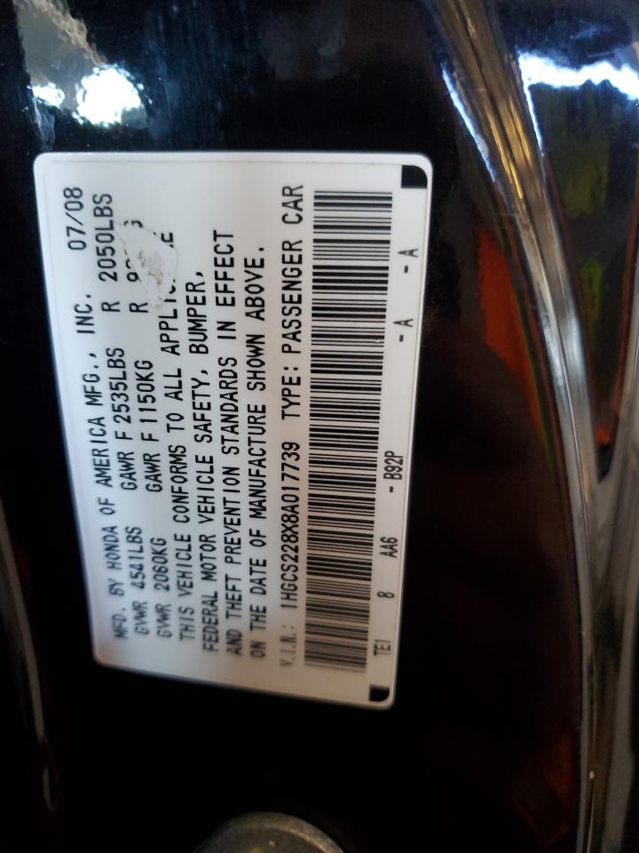 2008 Honda Accord VIN 1HGCS228X8A017739 Copart auction photo, mechanical damage thumbnail 12