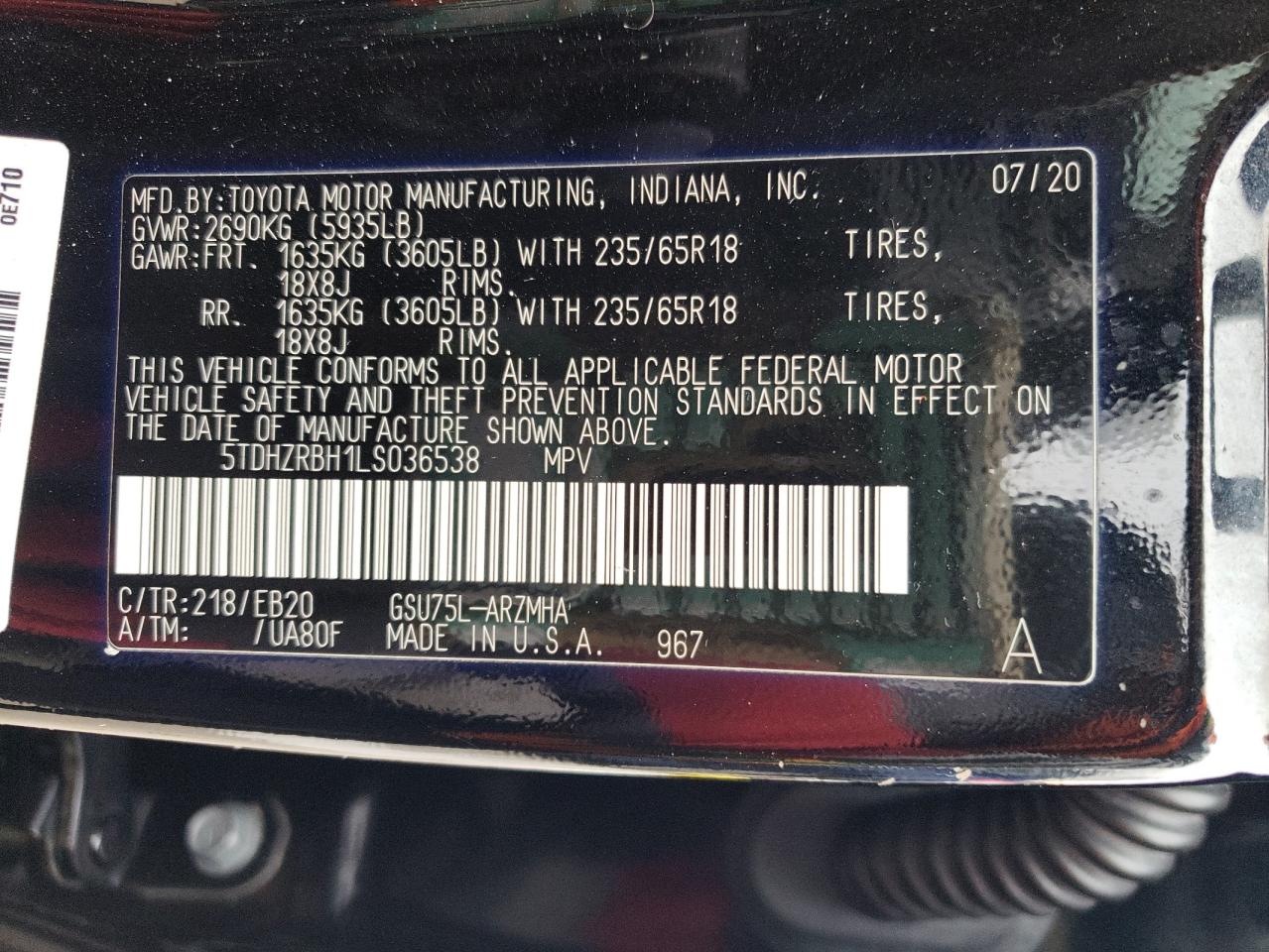 2020 Toyota Highlander VIN 5TDHZRBH1LS036538 Copart auction photo, side / front end damage thumbnail 13