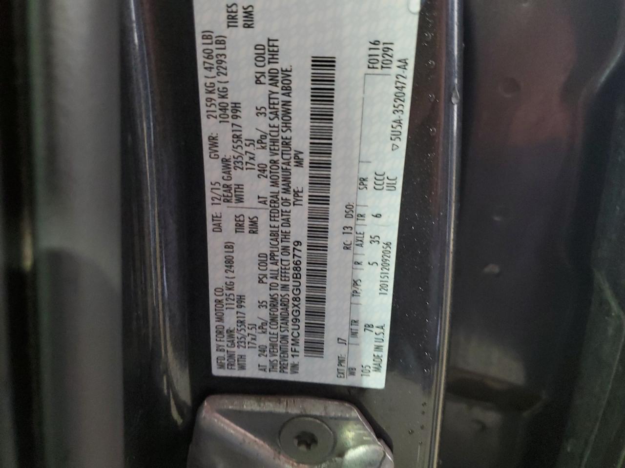 2016 Ford Escape VIN 1FMCU9GX8GUB86779 Copart auction photo, side / rear end damage thumbnail 13