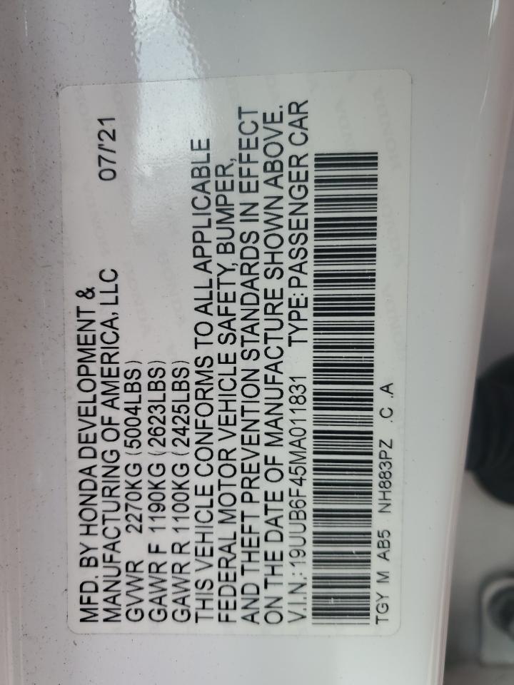 2021 Acura TLX VIN 19UUB6F45MA011831 Copart auction photo, front end / side damage thumbnail 12