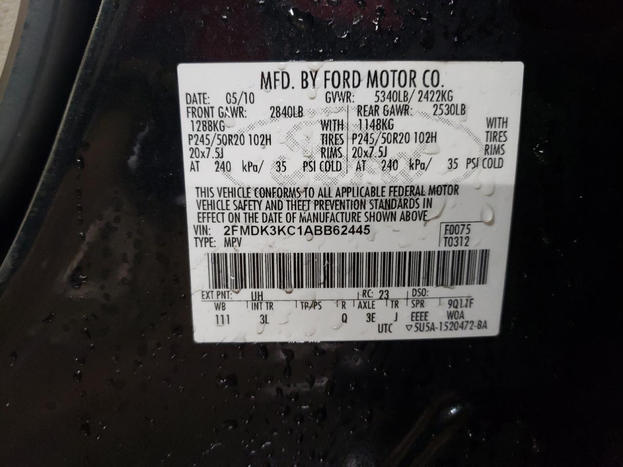 2010 Ford Edge VIN 2FMDK3KC1ABB62445 Copart auction photo, side / front end damage thumbnail 12