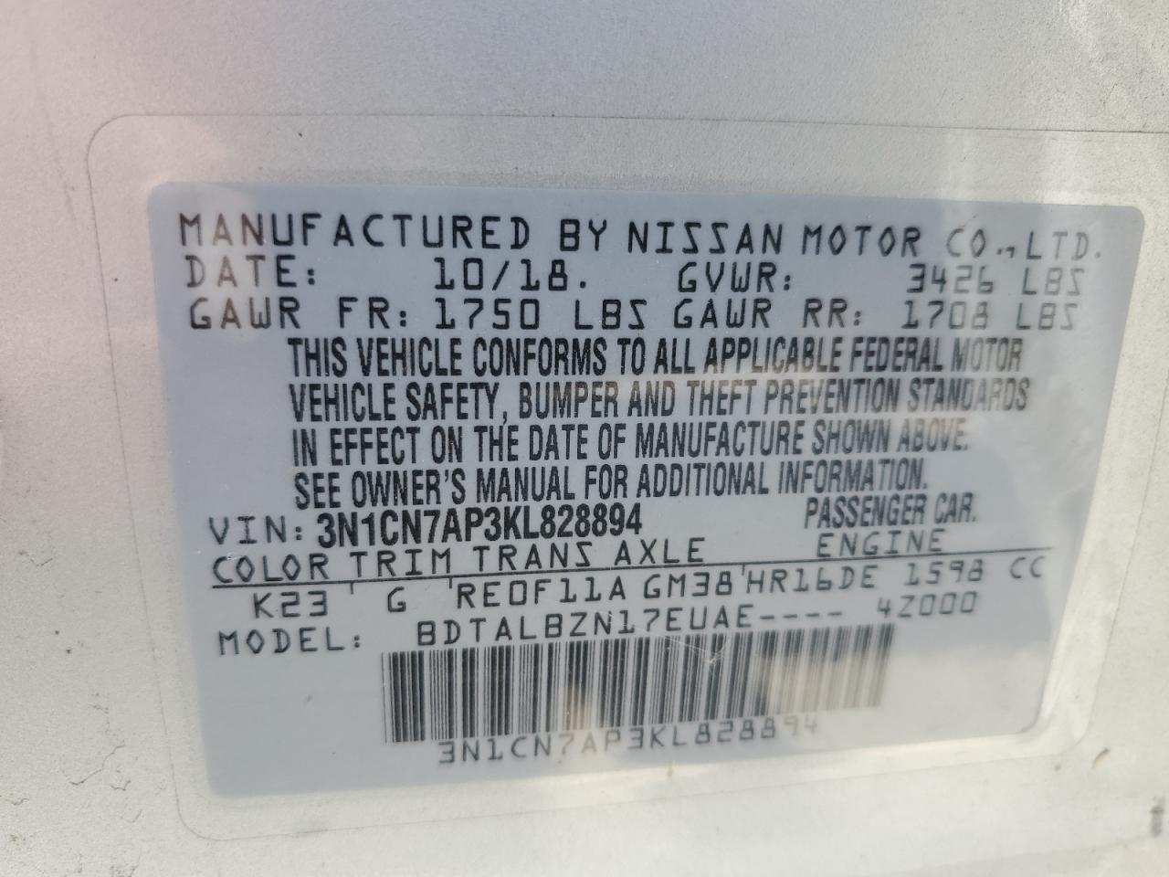 2019 Nissan Versa VIN 3N1CN7AP3KL828894 Copart auction photo, front end / rear end damage thumbnail 15