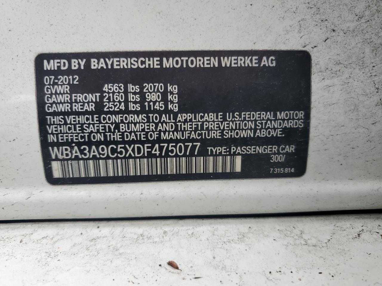 2013 BMW 3er VIN WBA3A9C5XDF475077 Copart auction photo, front end damage thumbnail 12