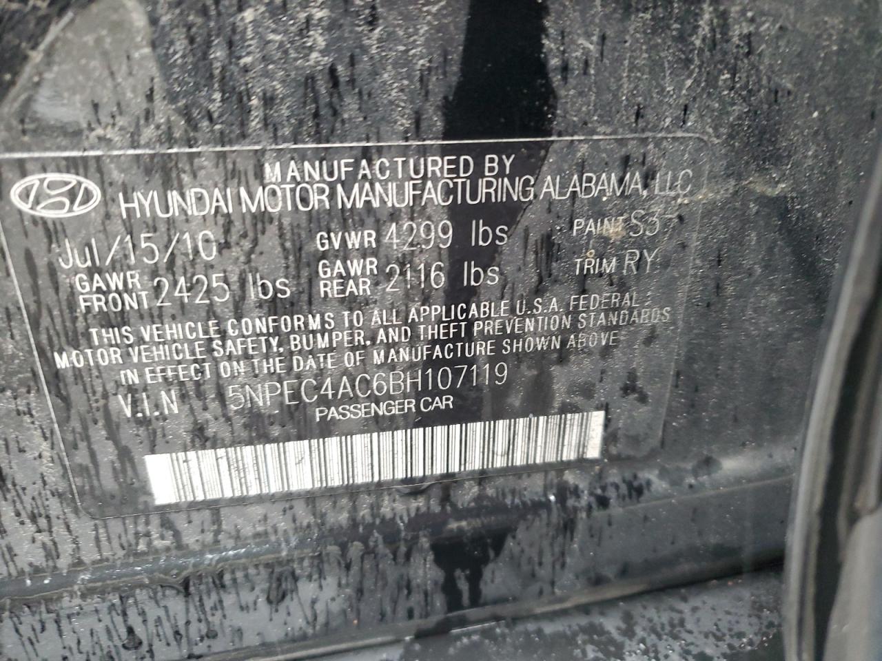 2011 Hyundai Sonata VIN 5NPEC4AC6BH107119 Copart auction photo, rear end damage thumbnail 12