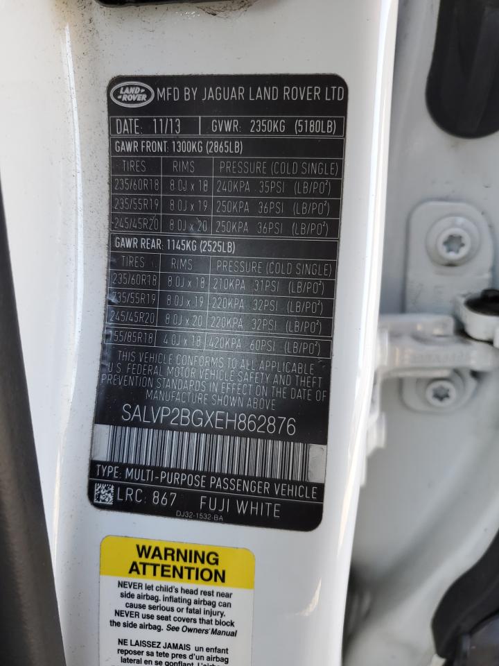 2014 Land Rover Range Rover VIN SALVP2BGXEH862876 Copart auction photo, front end / side damage thumbnail 13