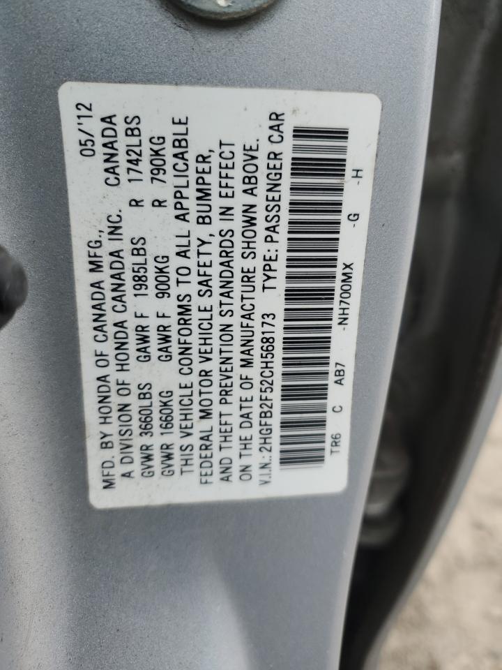2012 Honda Civic VIN 2HGFB2F52CH568173 Copart auction photo, all over damage thumbnail 12