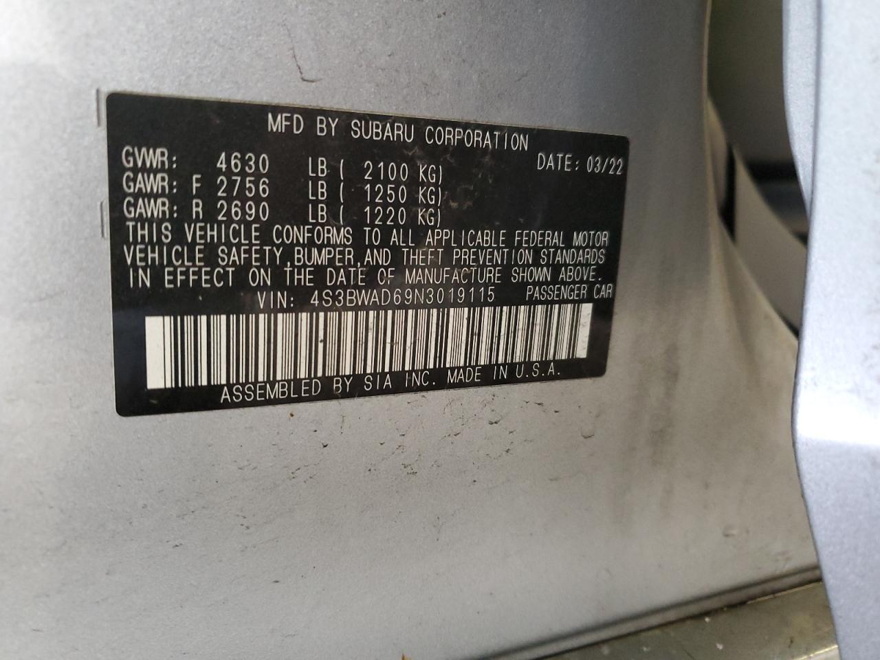 2022 Subaru Legacy VIN 4S3BWAD69N3019115 Copart auction photo, front end / side damage thumbnail 13