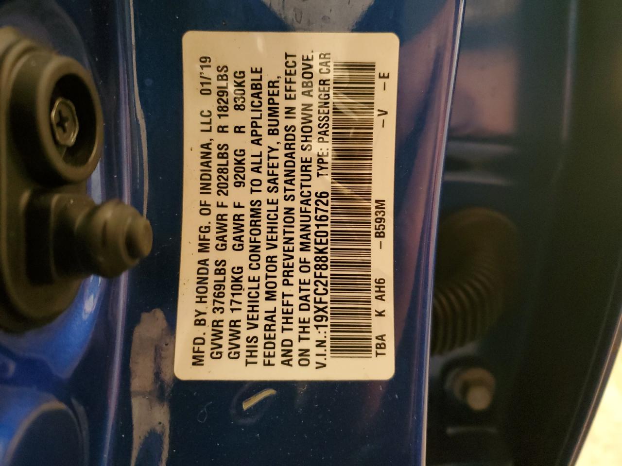 2019 Honda Civic VIN 19XFC2F88KE016726 Copart auction photo, side / minor dent/scratches damage thumbnail 12