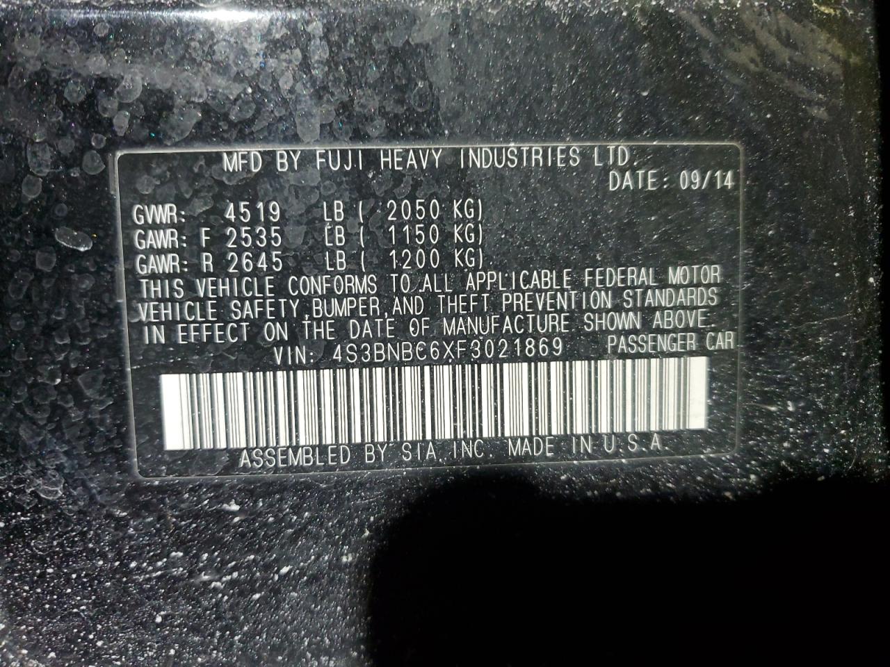 2015 Subaru Legacy VIN 4S3BNBC6XF3021869 Copart auction photo, front end damage thumbnail 12