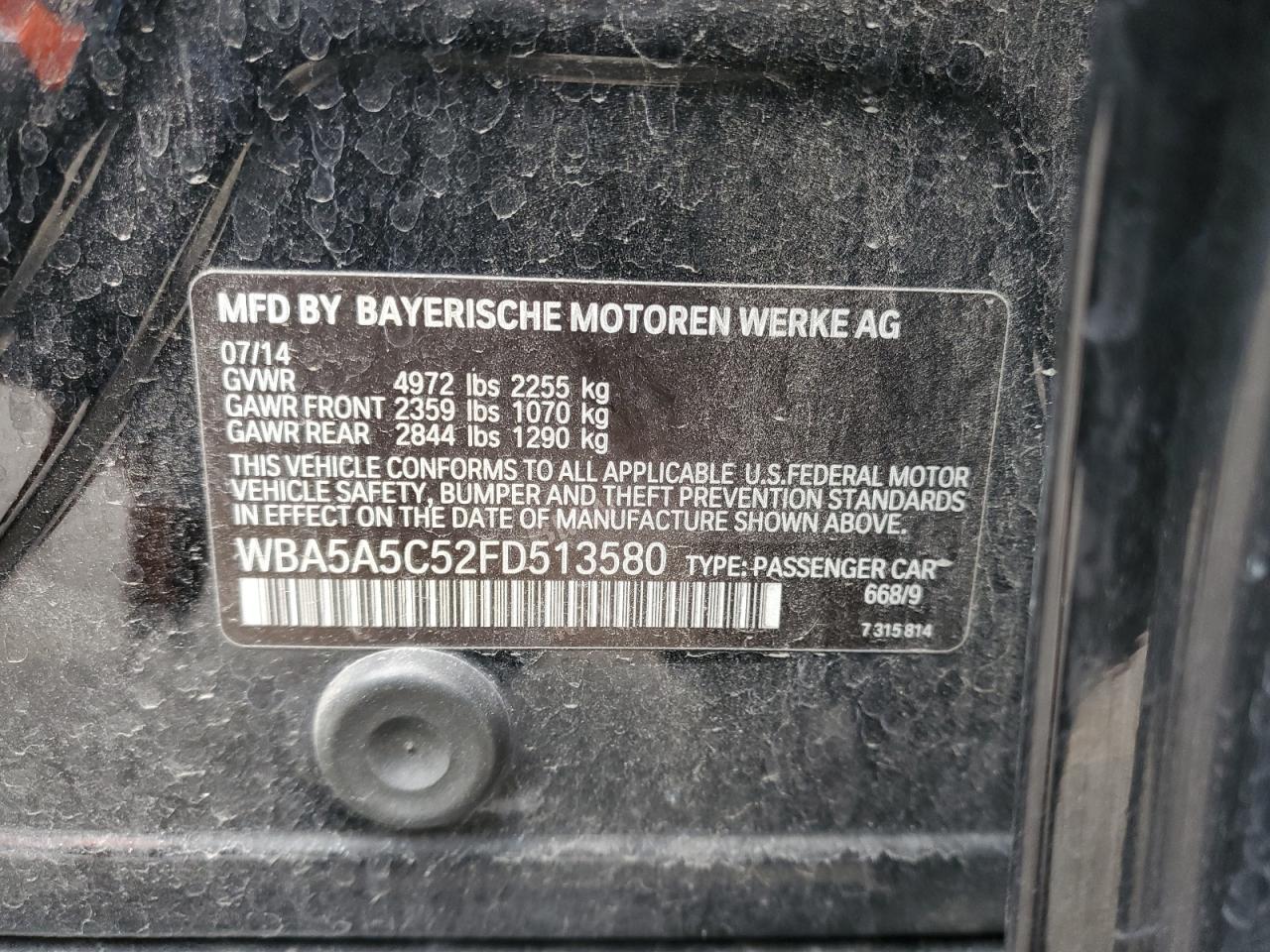 2015 BMW 5er VIN WBA5A5C52FD513580 Copart auction photo, front end damage thumbnail 12