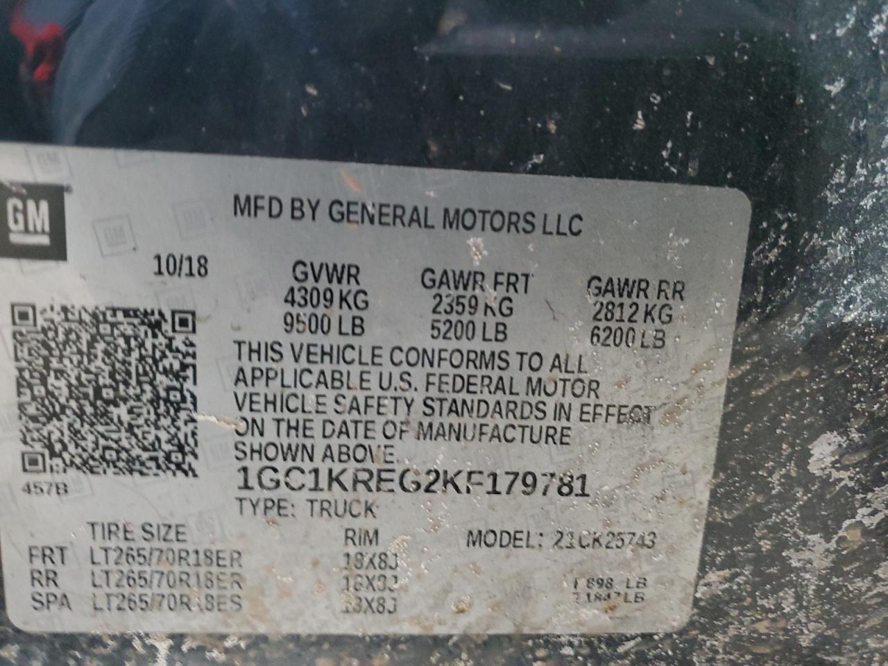 2019 Chevrolet Silverado VIN 1GC1KREG2KF179781 Copart auction photo, front end damage thumbnail 14