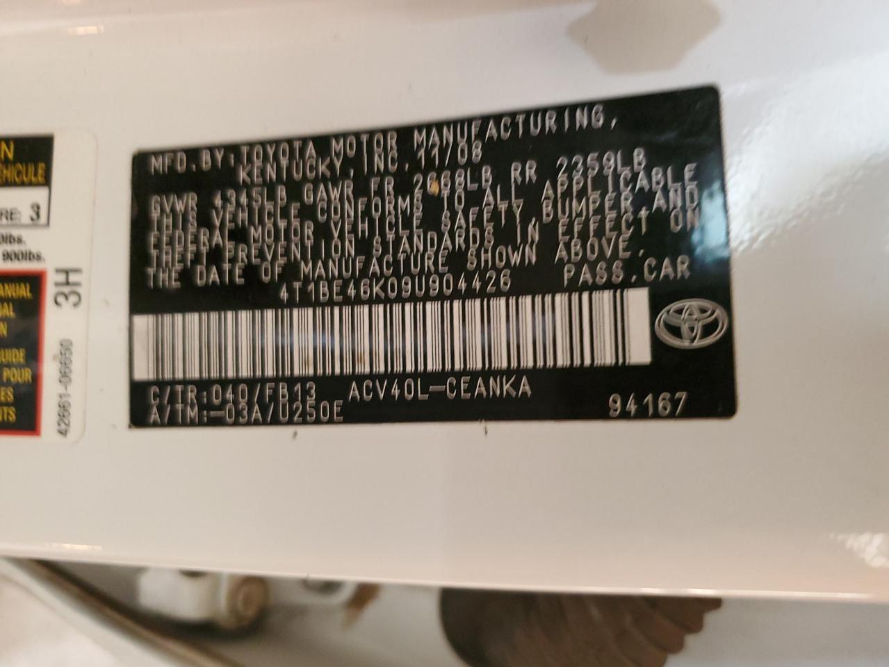 2009 Toyota Camry VIN 4T1BE46K09U904426 Copart auction photo, front end damage thumbnail 12