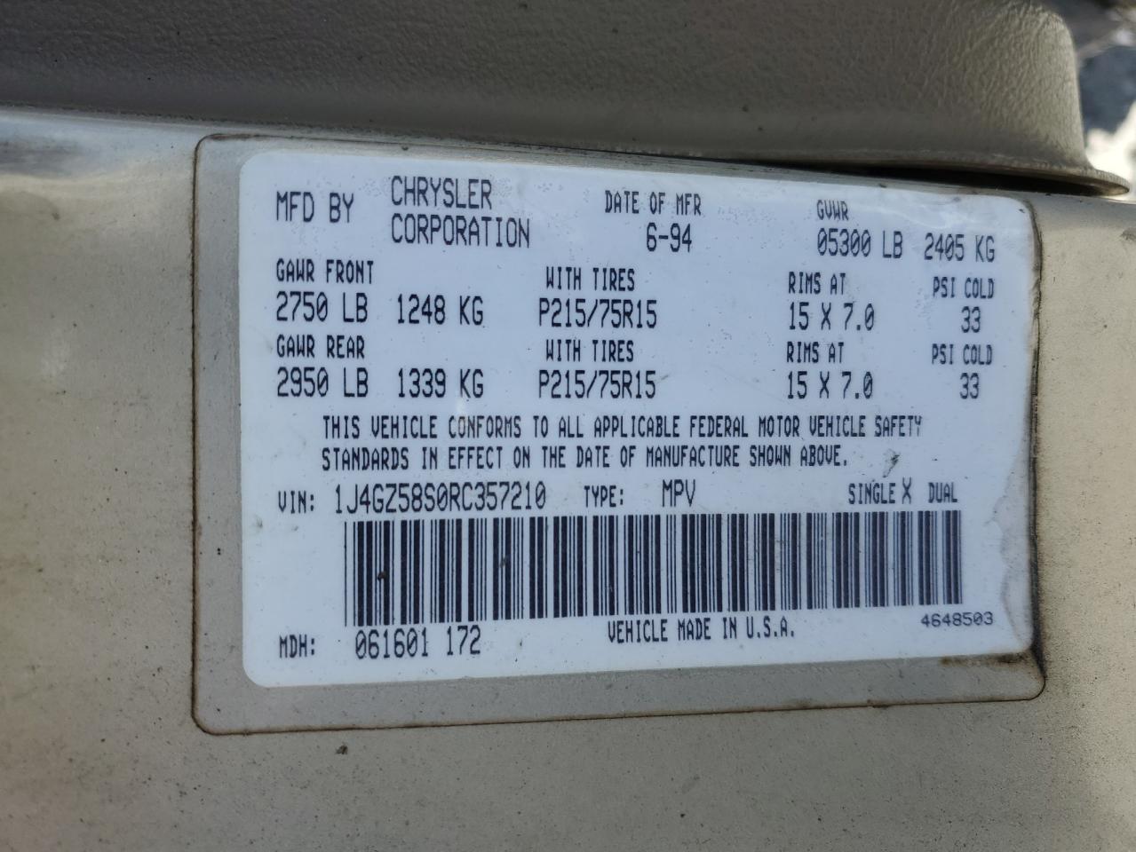 1994 Jeep Grand Cherokee VIN 1J4GZ58S0RC357210 Copart auction photo, burn damage thumbnail 13