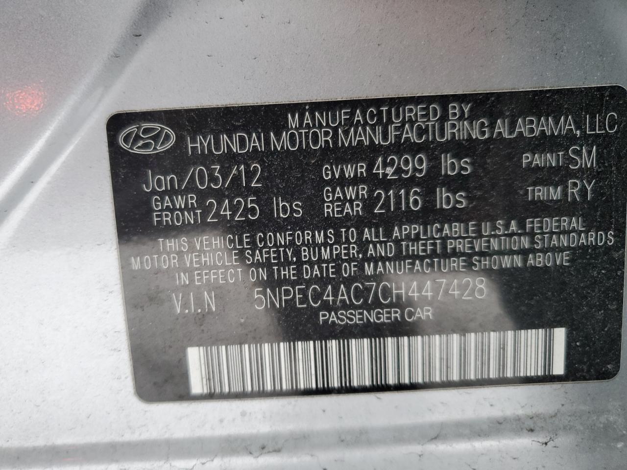 2012 Hyundai Sonata VIN 5NPEC4AC7CH447428 Copart auction photo, front end / rear end damage thumbnail 14