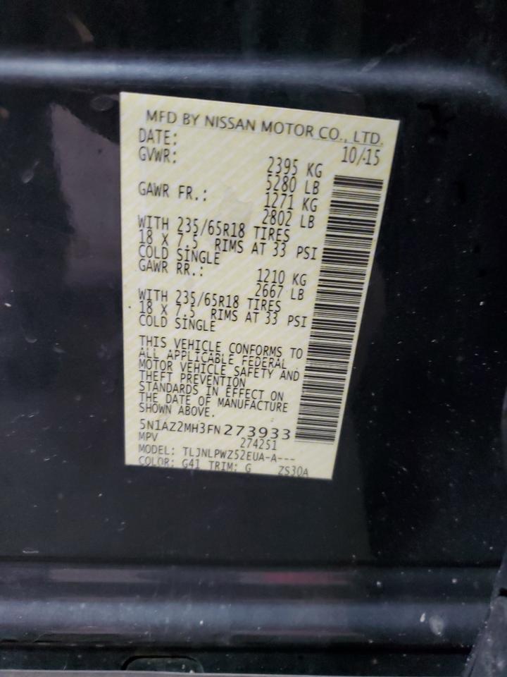 2015 Nissan Murano VIN 5N1AZ2MH3FN273933 Copart auction photo, front end damage thumbnail 14