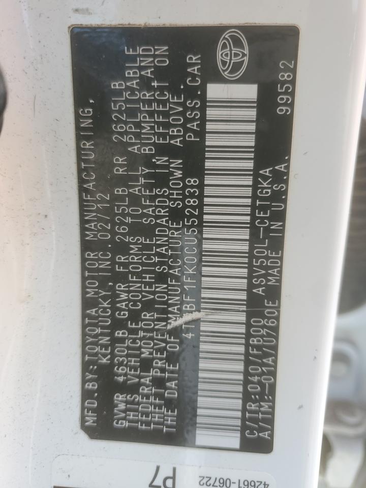 2012 Toyota Camry VIN 4T1BF1FK0CU552838 Copart auction photo, front end damage thumbnail 12