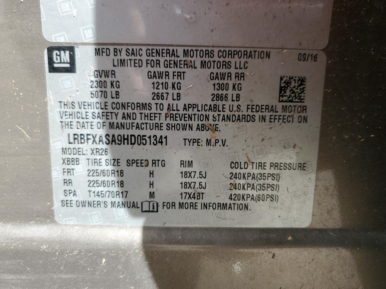 2017 Buick Envision VIN LRBFXASA9HD051341 Copart auction photo, water/flood damage thumbnail 14