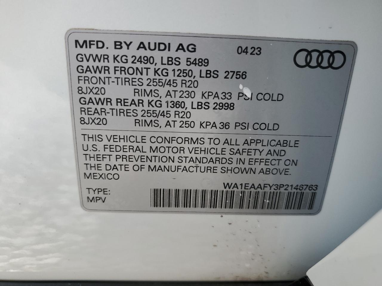 2023 Audi Q5 VIN WA1EAAFY3P2146763 Copart auction photo, front end damage thumbnail 16