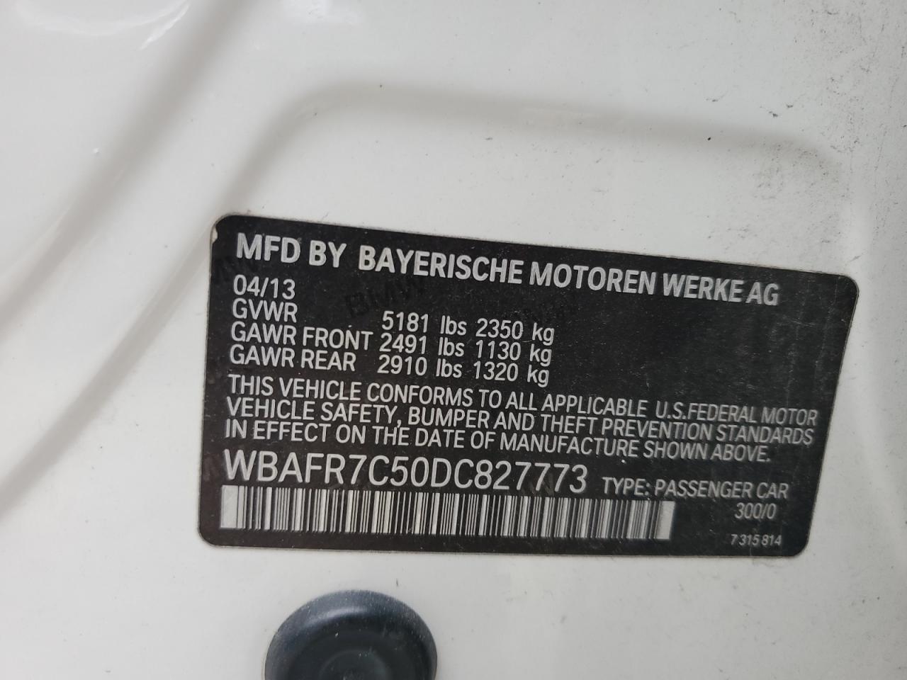 2013 BMW 5er VIN WBAFR7C50DC827773 Copart auction photo, rear end damage thumbnail 12