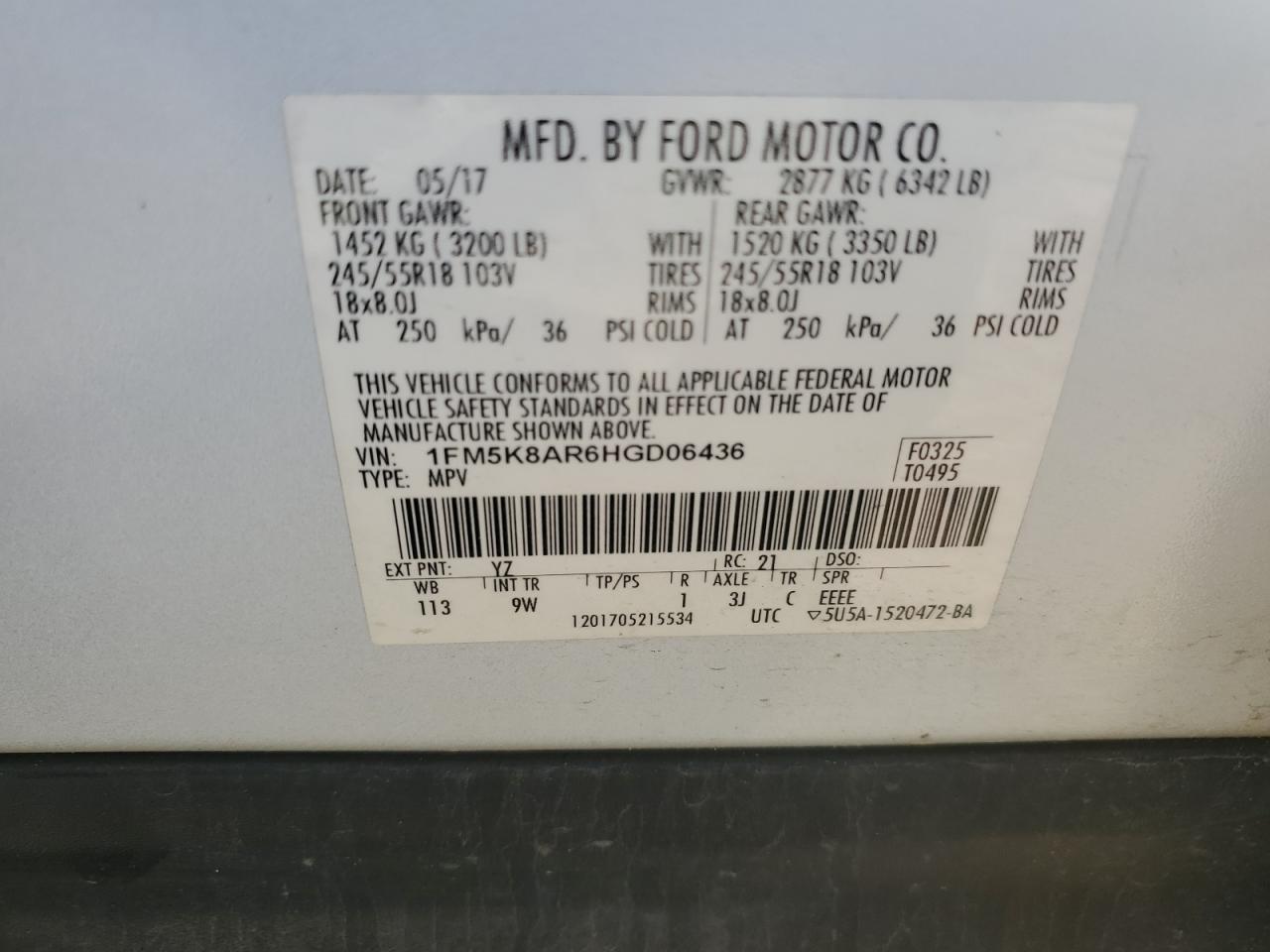 2017 Ford Explorer VIN 1FM5K8AR6HGD06436 Copart auction photo, front end damage thumbnail 13