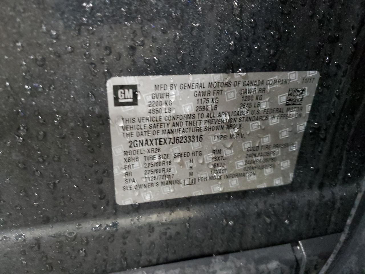 2018 Chevrolet Equinox VIN 2GNAXTEX7J6233316 Copart auction photo, front end / side damage thumbnail 13