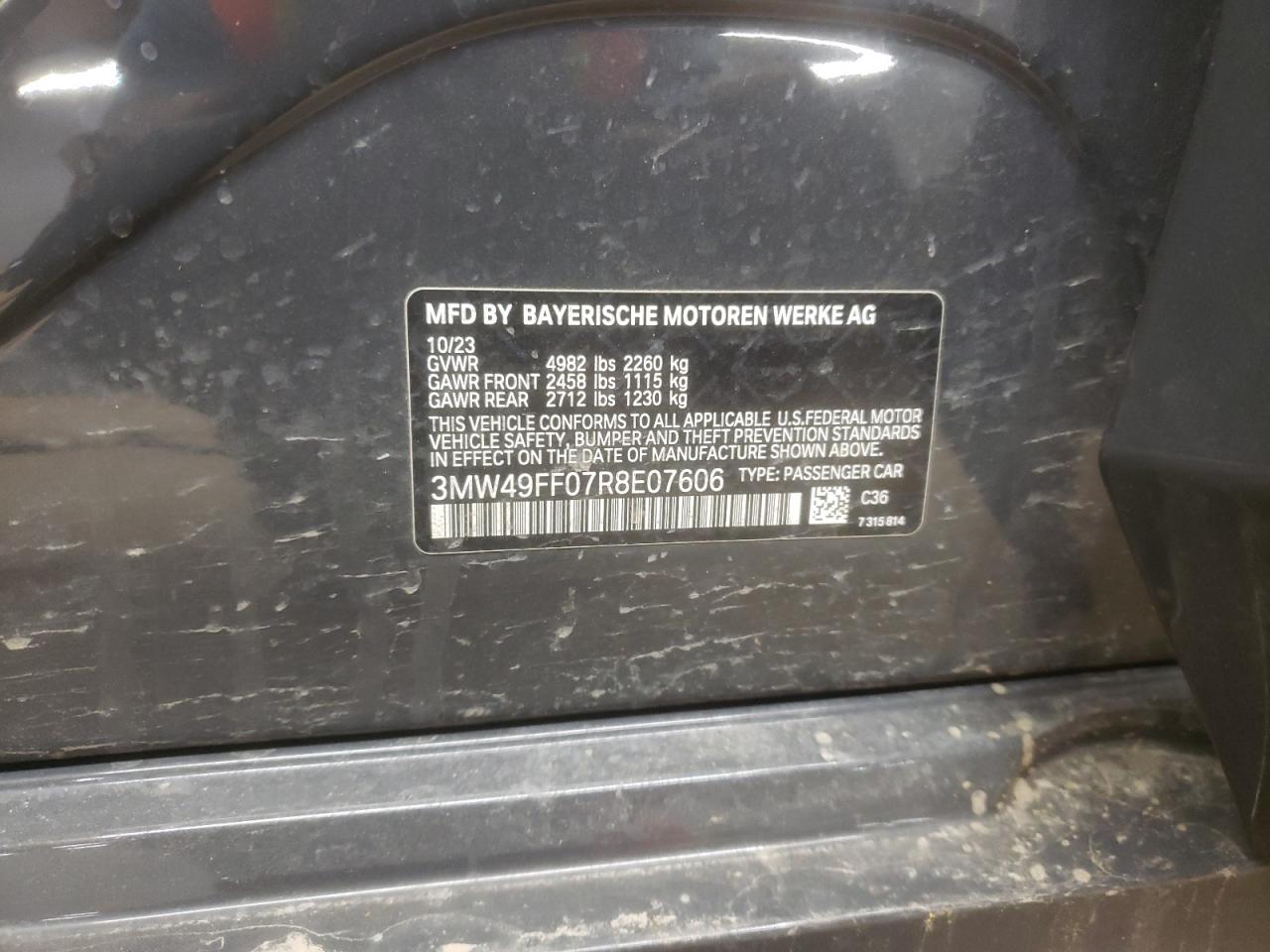 2024 BMW M3 VIN 3MW49FF07R8E07606 Copart auction photo, side / mechanical damage thumbnail 12