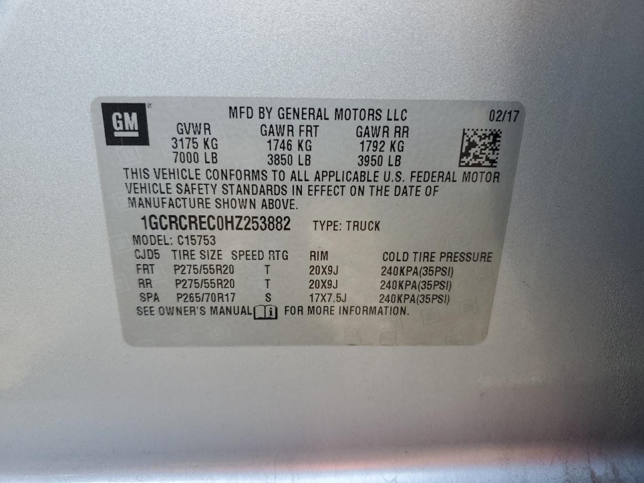 2017 Chevrolet Silverado VIN 1GCRCREC0HZ253882 Copart auction photo, front end damage thumbnail 14