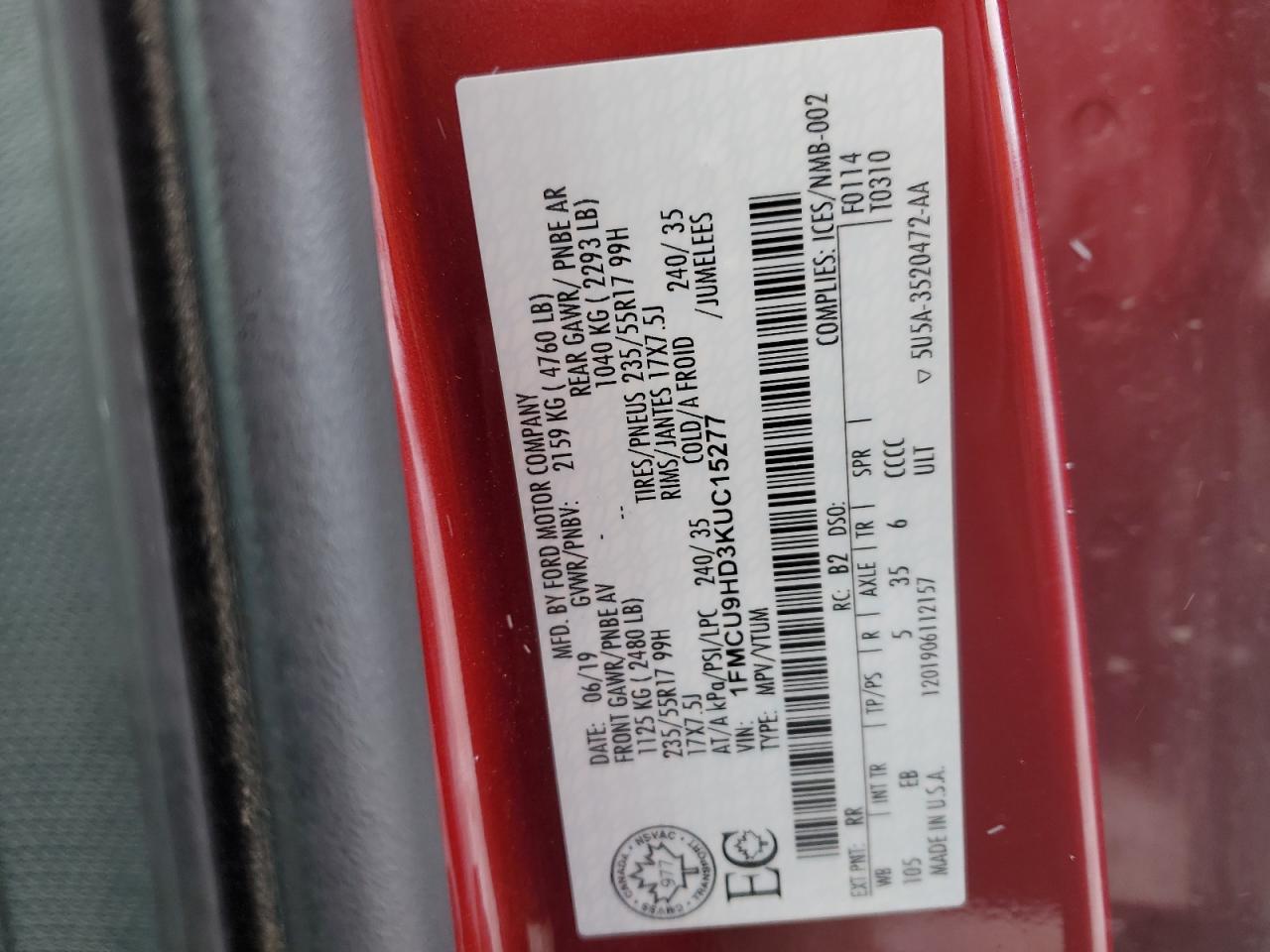 2019 Ford Escape VIN 1FMCU9HD3KUC15277 Copart auction photo, front end / minor dent/scratches damage thumbnail 13