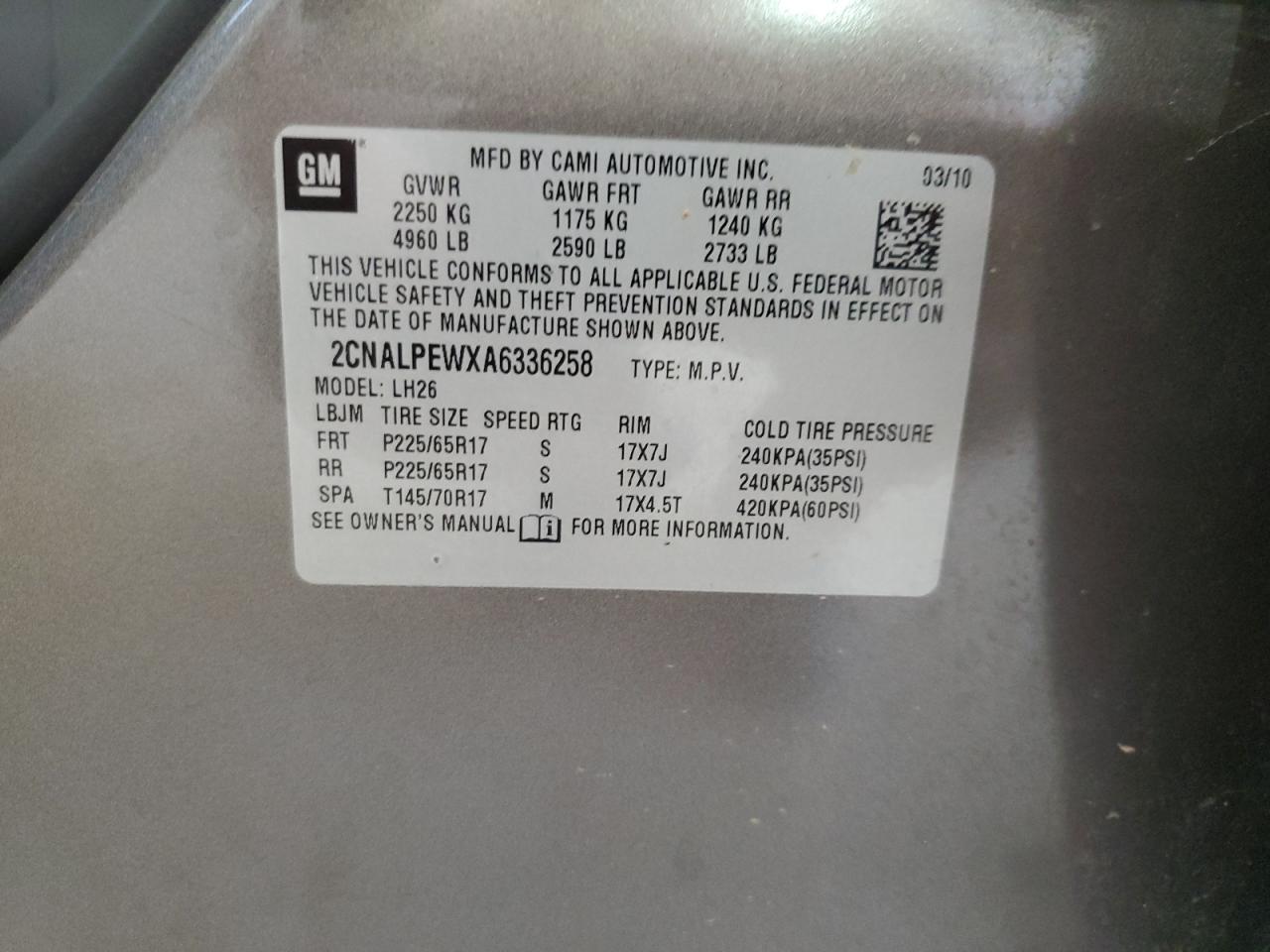 2010 Chevrolet Equinox VIN 2CNALPEWXA6336258 Copart auction photo, all over damage thumbnail 15